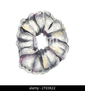 Haarraspel in Aquarellfarben. Textilelastikband auf weiß. Haarbrötchen Zubehör handgezeichnet isoliert. Haarschmuck für Verpackungsdesign, Logo, Druck Stockfoto