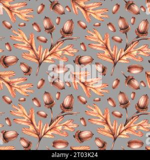 Aquarellmuster mit Eicheln und Eichenzweigen auf grauem Hintergrund. Acornmuster für Textilien, Stoffe, Bekleidung und Herbstprodukte Stockfoto