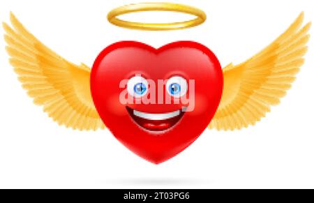 Rotes Herz mit goldenem Nimbus und Angel Wings. Niedliche Illustration Im Cartoon-Stil. Romantische Liebe Liebeskummer Symbol. Valentinskarte Stock Vektor