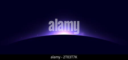 Planetenfinsternis-Konzept. Violettes Sonnenlicht-Blendungseffekt. Abstrakter strahlender Sonnenaufgang im dunklen Raum. Halo-Illustration des Erdhorizonts. Vektordesign für Poster, Banner, Cover, Broschüre, Broschüre Stock Vektor