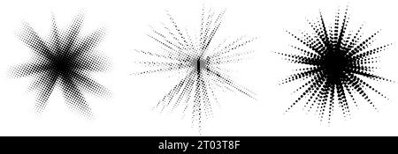 Halbton-Berstelement-Set. Pop Art gepunktete Explosionsexplosion-Kollektion. Comic Light Star Glow mit Grunge Textur Effekt. Abstraktes Retro-Glanzlicht für Bannerposter. Vector pixelated Splash Pack Stock Vektor