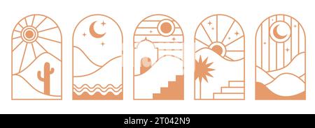Wüstenboho-Logo mit Berg- und Sonnenlandschaft. Böhmisches Tal mit Mond und Kakteen. Abstraktes ästhetisches Design-Set. Vektorbogen mit aurora. Gliederung Stock Vektor