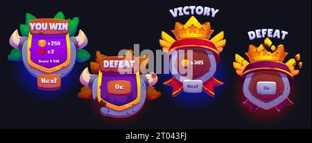 Win-and-Lose-ui-Spieloberfläche – Punktbrett-Taste. Victory Screen Frame Cartoon Design mit Horn oder Krone. GUI-Benutzerelement, das für Bonuslabel oder Ergebnis der Niederlage festgelegt wurde. Hölzerne, mobile Casino-Menübar Stock Vektor