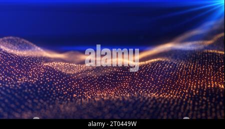 Abstrahieren gelber orangefarbener Energiewellen aus futuristischen Hightech-Partikeln mit leuchtendem Hintergrund. Stockfoto