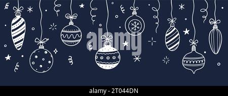 Doodle christmas Ball Element Hintergrund. Von Hand gezeichneter Weihnachtskugel im Skizzenstil. Niedliche fröhliche weihnachtskugel für den Rahmen, Hintergrunddesign mit Textplakat. Isolierte Vektordarstellung. Stock Vektor