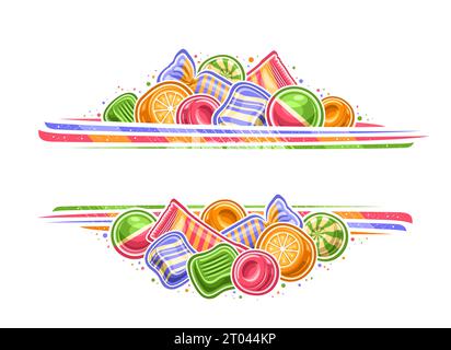 Vektorrand für Candy Shop mit leerem Kopierraum für Anzeigetext, dekorative Schild mit Illustration der mehrfarbigen Verpackung harter Süßigkeiten, Heap o Stock Vektor
