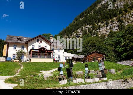 Hannes-Andross Brücke zur Aussichtsplattform Skywalk, im Hintergrund Rudolfsturm, Weltblick Hallstatt, Hallstättersee, Hallstatt, Salzkammergut Stockfoto