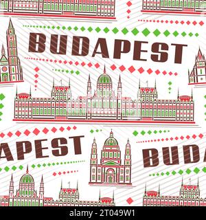 Vektor Budapest nahtloses Muster, quadratischer Wiederholungshintergrund mit Illustration der berühmten budapester grünen Stadtlandschaft auf weißem Hintergrund, dekorative Linie Stock Vektor