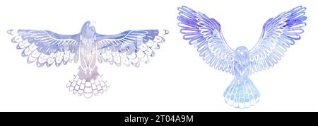 Vektorsatz der Aquarellsilhouette dekorative fliegende Vögel. Bunte Cliparts einer Eule und eines Falken mit ausgebreiteten Flügeln, isoliert vom Hintergrund. Zeichnung Stock Vektor
