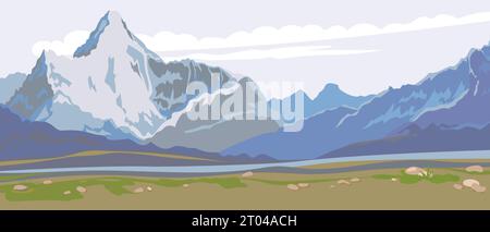 Malerische Landschaft mit Bergen, Hochgebirgstal, Fluss. Panoramablick auf ferne Berge und blauen Himmel. Malerische Natur. Vektor Stock Vektor