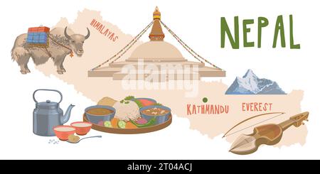 Karte von Nepal mit Sehenswürdigkeiten. Traditionelle Gerichte, Lebensmittel, buddhistische Haushaltsartikel. Boudhanath, ein Yak mit einer Ladung. Vektorabbildung Stock Vektor