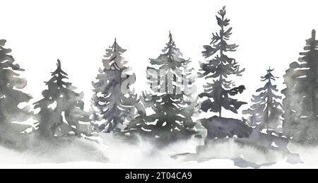 Aquarell handgemalte Wald Bäume Illustration, Wald Zusammensetzung, Bäume Arrangements, Winter Natur Clipart Stockfoto