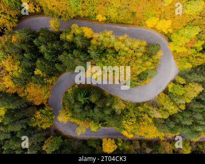 Kurven auf einer Bergstraße durch eine wunderschöne Herbstlandschaft Stockfoto