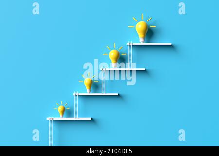 Ideenentwicklung und -Optimierung. Verbesserung kreativer Geschäftsideen. Leiter des Erfolgs und der Leistung. 3D-Rendering. Stockfoto