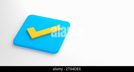 Konzepte für Genehmigung, Abstimmung mit Ja, Checkliste oder richtige Antworten. Blaues Häkchen auf weißem Hintergrund. 3D-Rendern. Stockfoto
