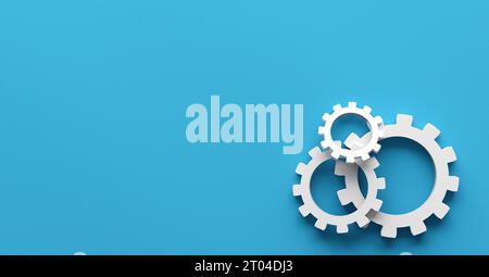 Konzept für fehlerhaften Geschäftsprozess oder Workflow-Fehler. Zahnräder oder Zahnräder aufeinander auf blauem Hintergrund. Stockfoto