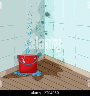 Wassertropfen tropfen von der Decke in den Eimer. Wand mit Schimmelproblem und Eimer voll Wasser. Undichtes Dach. Spritzer Wasser und Pfützen auf dem Boden Stock Vektor