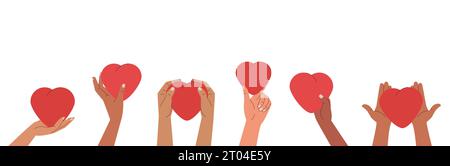 Menschliche Hände halten und geben rote Herzen. Das Konzept, Liebe und Mitgefühl mit Menschen zu teilen. Love-Symbole-Banner Stock Vektor