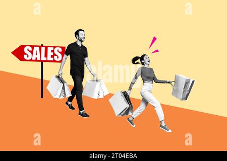 Kreatives Collage-Bild von zwei aufgeregten schwarz-weißen Farben, die Menschen in der Hand Ladentaschen halten, Walk-Sale-Zeiger unterzeichnen ein Sonderangebot Stockfoto