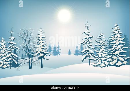 Schneebedeckte Bäume im Hintergrund des Waldes. Schnee glitzerte auf den kalten und gefrorenen Tannen. Weihnachtshintergrund. Vektorabbildung. Stock Vektor