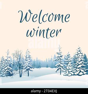 Winterwaldlandschaft mit schneebedeckten Kiefern im Vordergrund. Liegender Schneefall. Der Winter kommt. Hintergrund für Banner, Grußkarte Stock Vektor