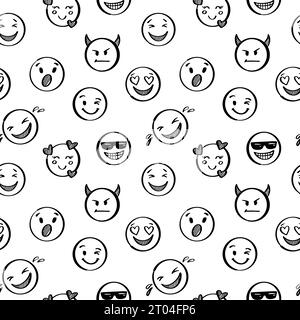 Nahtloses Doodle-Emoji-Muster. Handgezeichnete Skizze positive Emoticons Hintergrund. Freihand-Emotion-Design Stock Vektor