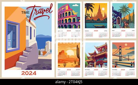 Reiseposter Kalender Vektorvorlage für 2024. Stock Vektor