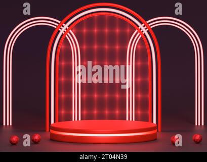Hintergrund Kreis rot abstrakt 3d.leeres Zylinder Podium mit abstraktem rotem rundem Neon auf dunklem Hintergrund.Sci Fi futuristisches Podium Stockfoto