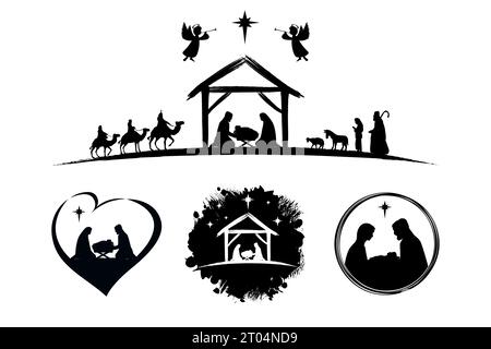 Set aus heiliger Weihnachtsszene mit Silhouetten der christlichen Geburt. Holiday Concept Kollektion mit traditionellen Charakteren der heiligen Nacht. Vektorkarte Stock Vektor
