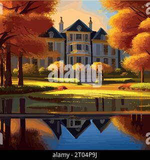 Schloss an einem schönen Herbsttag, Konzeptkunstlandschaft, Vektorillustration Stock Vektor