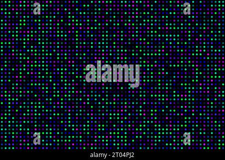 Makromuster eines LED-Bildschirms mit runden, mehrfarbigen Pixeln. Schwarzer Videowände mit digitalem Hintergrund. Elektronische Diode TV-Panel. Vektorabbildung. Stock Vektor