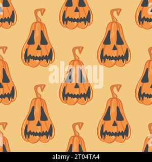 Süßes, nahtloses Kürbismuster für Halloween. Herbstlicher orangefarbener Hintergrund mit Kürbis. Farbenfroher Druck für Textilien, Papier, Verpackung und Design Stock Vektor