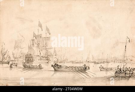 Landung von William of Orange in Brixham, Torbay, Zeichnung in Stift und Tinte und Waschung von Peter Monamy, 1688 Stockfoto