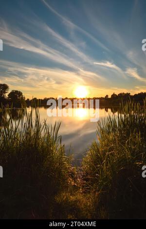 Wunderschöner, farbenfroher Sonnenuntergang über dem See. Die Sonne im grünen Gras spiegelt sich im See. Foto aufgenommen in Mojcza, Polen. Stockfoto