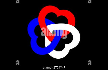 Drei schöne Herzen, weiß, blau und rot, aneinander gereiht. Illustration von Einheit und Liebe. Stockfoto
