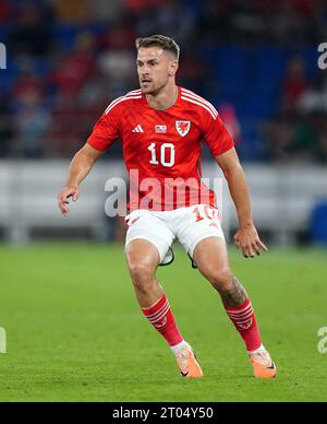 Aktenfoto vom 07-09-2023 von Wales' Aaron Ramsey. Wales-Kapitän Aaron Ramsey und Brennan Johnson verpassen in der nächsten Woche die entscheidende Qualifikation zur Euro 2024 gegen Kroatien. Ausgabedatum: Mittwoch, 4. Oktober 2023. Stockfoto