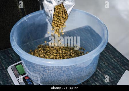 Wiegen von granuliertem Hopfen zur Bierbrauerei bei der Bierherstellung Stockfoto