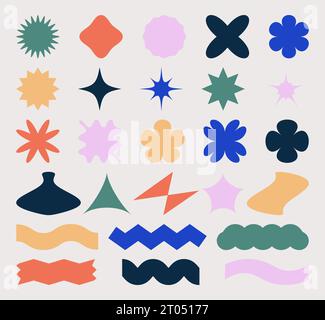 Setzen Sie abstrakte geometrische Formen im Stil des Brutalismus. Minimalistische primitive Vektorelemente, verschiedene Grundformen. Einfache Figuren, Blume, Stern, Welle und Stock Vektor