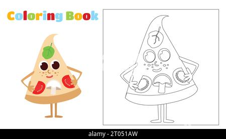 Ein Stück lustige Pizza ausmalen. Essen hat ein Gesicht, Arme und Beine und lächelt glücklich. Arbeitsblatt für Kinder in Kindergärten, Schulen, Cafés. Stock Vektor