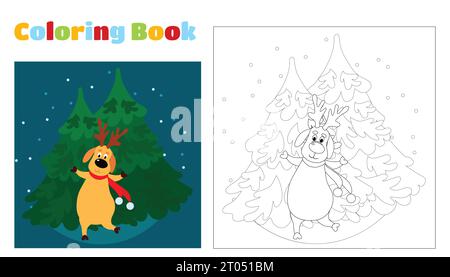 Weihnachtsmalbuch für Kinder und Erwachsene. Ein Hirsch in einem roten Schal tanzt auf dem Hintergrund der Weihnachtsbäume. Weihnachtsszene in Cartoon Stock Vektor