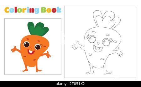 Kinder-Zeichentrickfiguren mit Malfarben. Das Gemüse hat Gesicht und Hände. Ausmalseite für Kinder im Alter von 4-8 Jahren im Kindergarten. Stock Vektor
