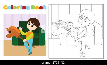 Der Junge reitet auf einem Spielzeugpferd im Zeichentrickstil. Ausmalseite für Kinder im Alter von 4-8 Jahren im Kindergarten und in der Grundschule Stock Vektor