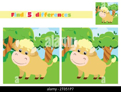 Finden Sie die Unterschiede. Niedlicher Stier im Park in der Nähe der Bäume im Cartoon-Stil. Ein Lernspiel für Kinder in der Grundschule oder im Kindergarten. Stock Vektor