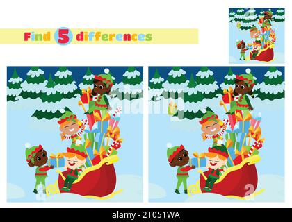 Finden Sie die Unterschiede. Elfen in der Nähe von Santa's Schlitten. Der festliche Transport ist bis zum Rand mit Geschenken beladen. Kinder sind fröhlich und glücklich. Festliche Illust Stock Vektor