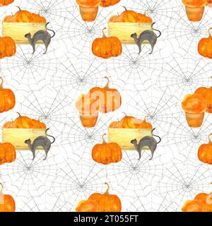 halloween-Muster mit Spinnennetz und Kürbis, Herbsterntefest handgezeichnetes Aquarellmuster Stockfoto