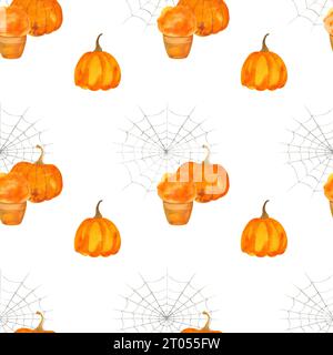 halloween-Muster mit Spinnennetz und Kürbis, Herbsterntefest handgezeichnetes Aquarellmuster Stockfoto