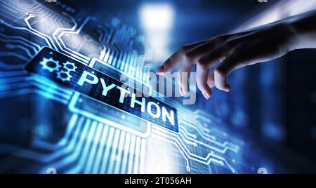 Python-Programmiersprache auf hoher Ebene. Anwendungs- und Webentwicklungskonzept auf virtuellem Bildschirm. Stockfoto