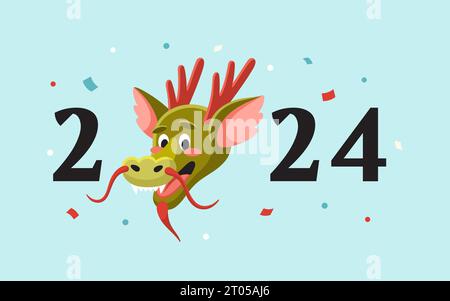 2024 Jahre Text mit chinesischem Drachenkopf und Konfetti, Happy New Year Postkartenvorlage. Symbol des Mondneujahrs. Stock Vektor