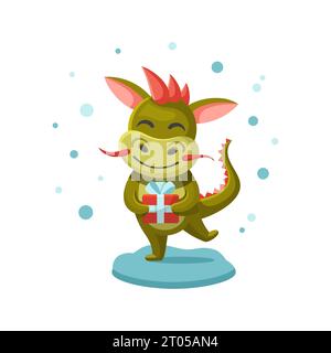 Süßer, kleiner Drachendrache, der ein Geschenk hält, Konzept des Jahres des Drachen. Illustration zum Neujahr 2024. Postkarte mit chinesischem Drachen. Kinder Illustraten Stock Vektor