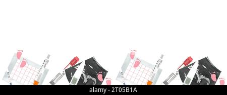 Schwangerschaftsplanung, Unfruchtbarkeit, Öko, Medizin, Pen-Spritzen, Hormoninjektionen, Kalender, Fruchtbarkeit, IVF-Klinik-Banner, handgezeichnete Aquarellfarbe-Illustration Stockfoto
